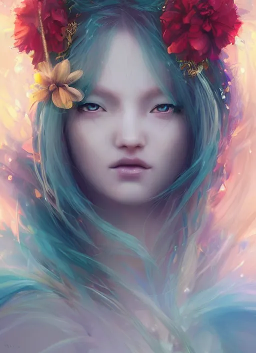 Prompt: a gorgeous flower princess portrait by WLOP, emerald yellow eyes, blue hair, digital painting, beautiful lighting, magical , cgsociety