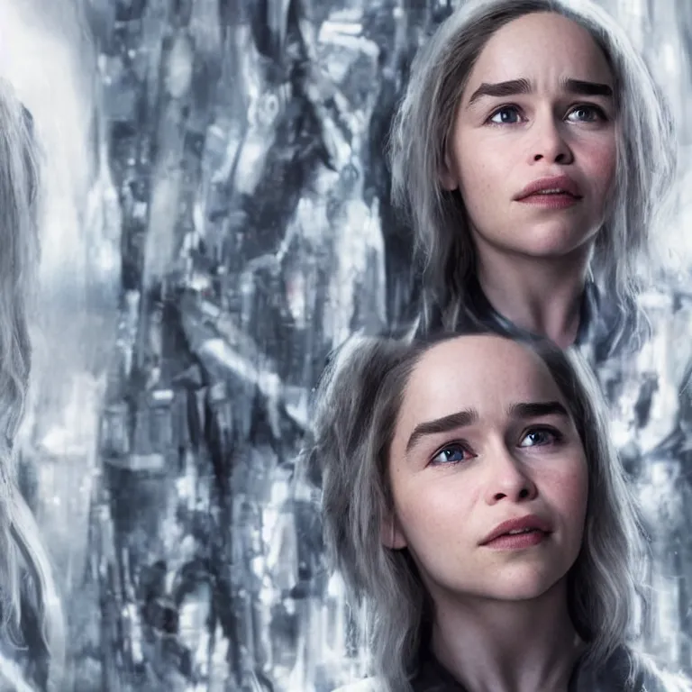 Image similar to scifi emilia clarke looks like ghost in the shell, extremely high detail, smiling woman, cyborg, photorealism, emilia clarke, sony a 7 r