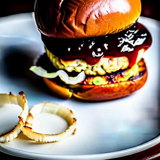 Prompt: The ultimate Banana-Burger with extra jam on a hand-carved cherrywood-plate, with a side of onion rings. Perfect photography.