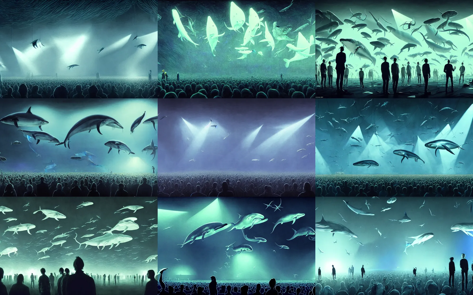 Prompt: thom yorke and radiohead looking at weird fishes in the air while playing a song on stage at a festival concert, whales, mantis, dolphins and swordfish, concept art by greg rutkowski and james gurney, volumetric light, audience in the background, global illumination, detailed, dreamy, surreal, atmospheric