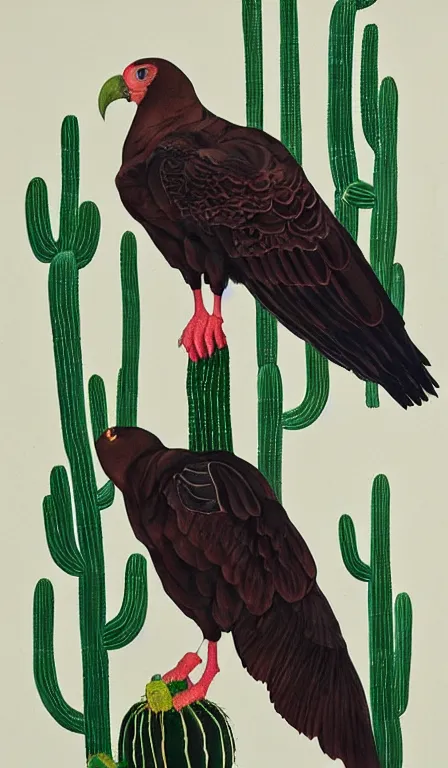 Prompt: Shen Quan's 'turkey vulture on cactus', hanging scroll, ink and colours on silk