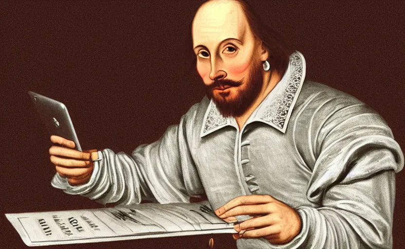 Prompt: William Shakespeare using a MacBook in a Starbucks, 8k, digital art