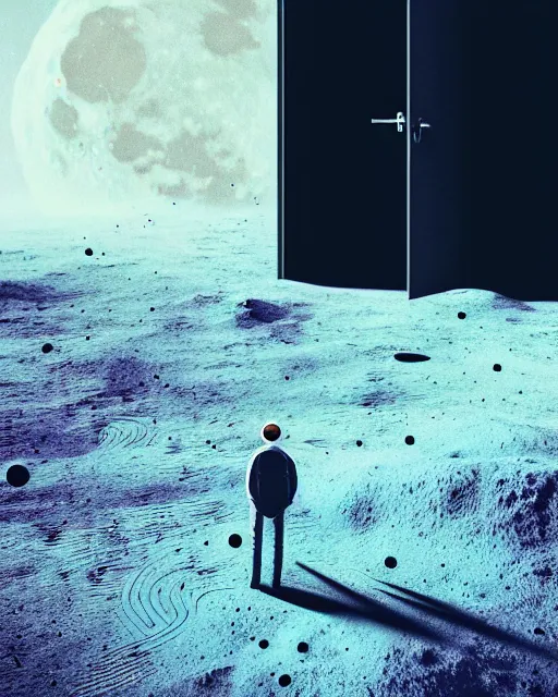 Image similar to a person standing in front of an open door that's on the moon, poster art by mike winkelmann, trending on cg society, space art, sci - fi, ue 5, futuristic, volumetric lighting