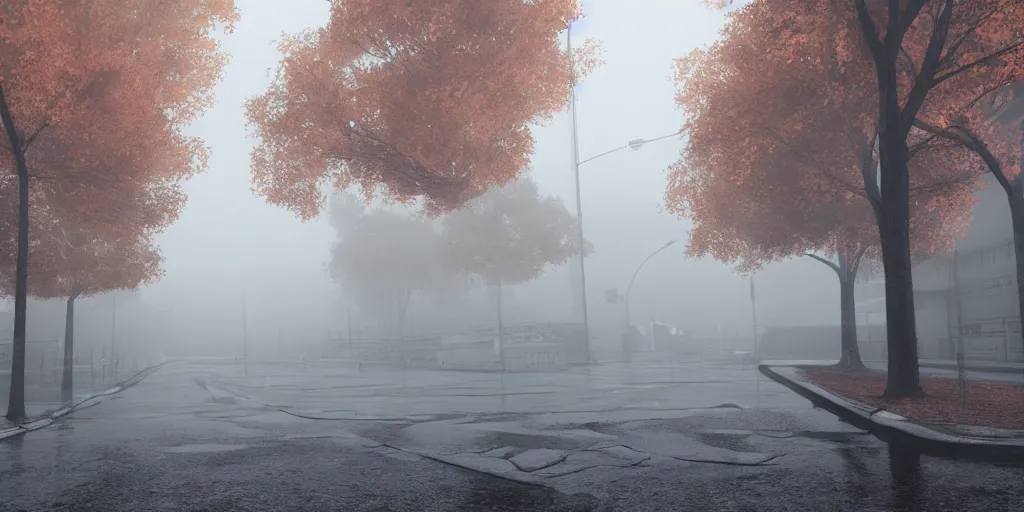 Image similar to silent hill in real life, streets, sombre, parked cars, overcast, blankets of fog pockets, rain, volumetric lighting, beautiful, autumn, sharp focus, 7 0 s visuals, ultra detailed, cgsociety