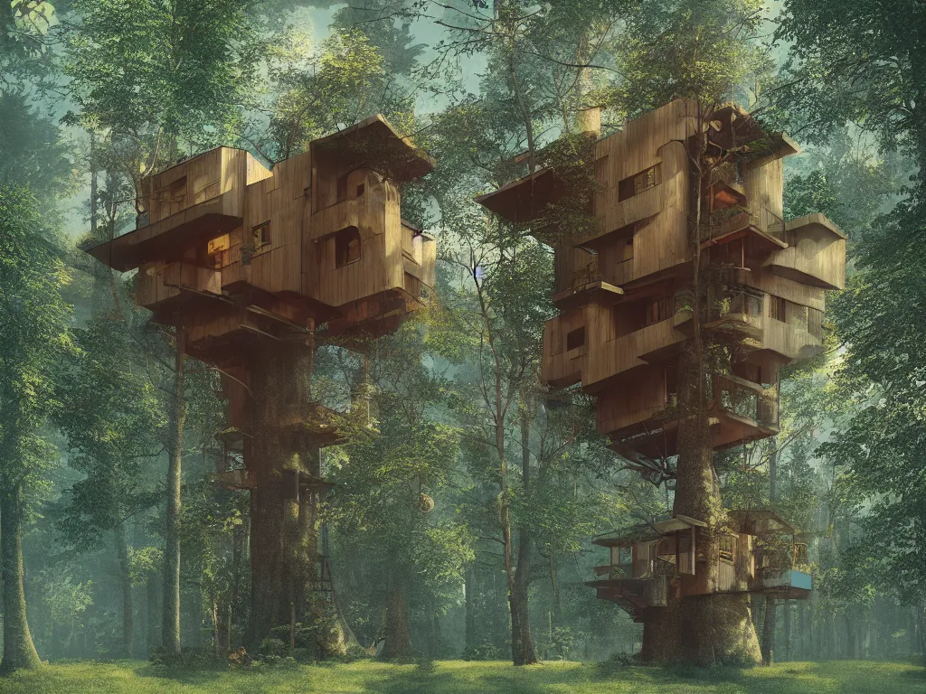 Prompt: “A mid-century stahl tree house by Pierre Koenig, trending on artstation, octane render, cgsociety, digital art”