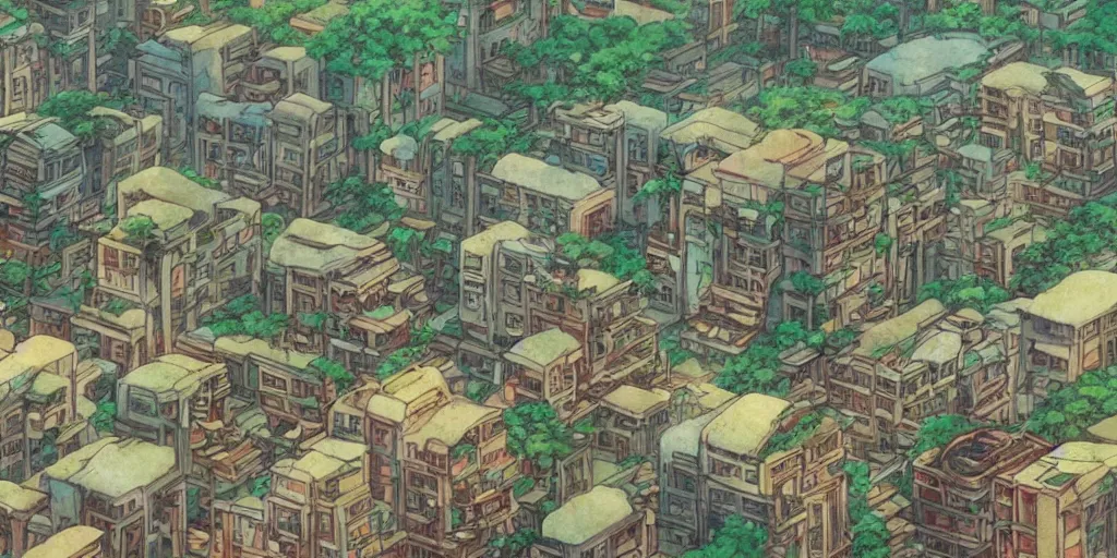 Image similar to screenshot from a studio ghibli anime movie about a forest city, kowloon walled city, ruined buildings, animals and robots