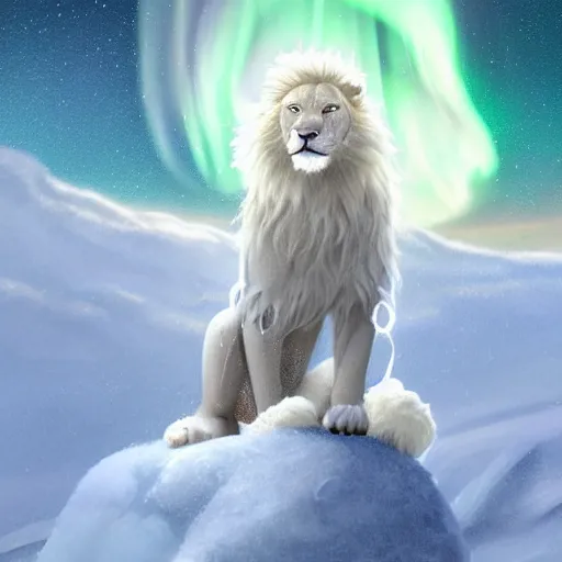 Prompt: aesthetic portrait commission of a albino male furry anthro lion in the north pole with the northern lights visible in the sky and the background while wearing a cute green jacket cozy soft pastel winter outfit, sleet rain, winter atmosphere. character design by charlie bowater, ross tran, artgerm, and makoto shinkai, detailed, inked, 2 0 2 1 award winning painting