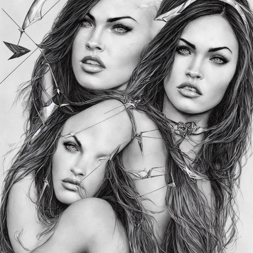 Image similar to portrait of beautiful megan fox as greek goddess aphrodite, archer, arrow on the head, beautiful piercing eyes, flowing blonde hair, realistic face, black and white drawing, in the style of greg rutkowski, fantasy, amazing detail, epic, intricate, elegant, smooth, sharp focus