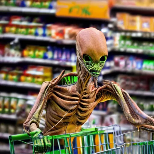 Image similar to mid shot of an alien dressed by emidio tucci buying groceries at the store, shot by amanda carlson and alex strelkovv, professional photo, masterpiece, very detailed, hyper - realistic, cinematic, 4 k