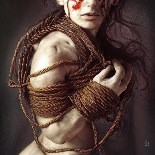 Image similar to portrait of a Shibari rope wrapped face and neck, headshot, insanely nice professional hair style, dramatic hair color, digital painting, of a old 15th century, old cyborg merchant, amber jewels, baroque, ornate clothing, scifi, realistic, hyperdetailed, chiaroscuro, concept art, art by Franz Hals and Jon Foster and Ayami Kojima and Amano and Karol Bak,