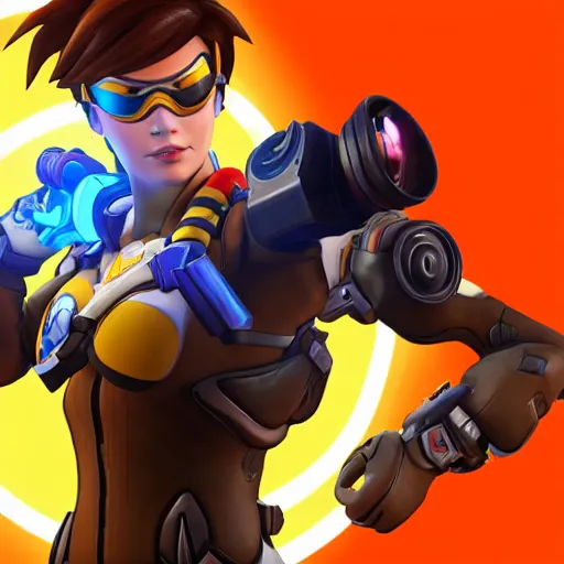 Image similar to a screenshot of tracer arnold schwarzenegger as tracer in overwatch