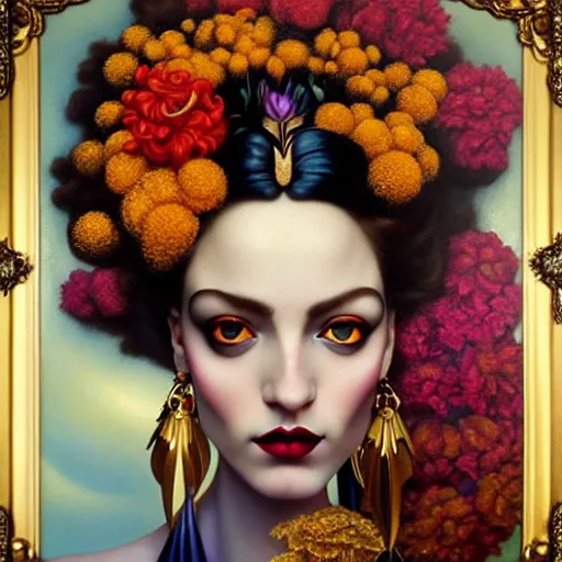 Image similar to dynamic composition, a painting of a woman with hair of flowers and raven plummage wearing ornate earrings, a surrealist painting by tom bagshaw and jacek yerga and tamara de lempicka and jesse king, featured on cgsociety, pop surrealism, surrealist, dramatic lighting, wiccan, pre - raphaelite, ornate gilded details