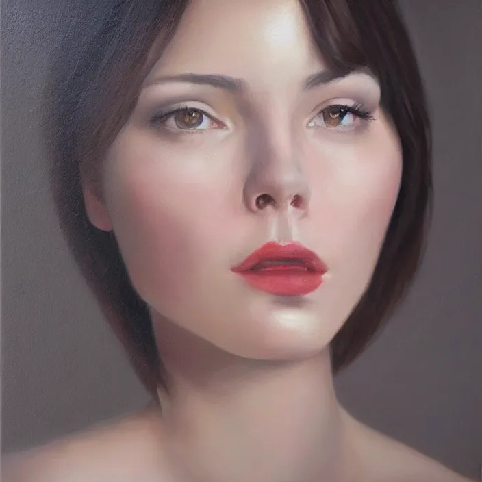 Prompt: alla prima portrait oil painting of young woman with dark hair, dark beige grey background, lights and shadows, beautiful composition, hyperrealistic