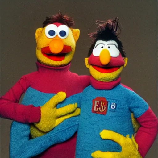 Image similar to 90's horror film about Bert and Ernie from sesame street, photorealistic, highly detailed