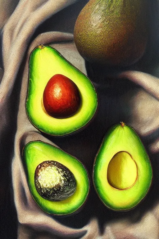 Image similar to A beautiful still life oil painting of Avocados lying on a silk cloth, fog, volumetric lighting, summer, hyperrealistic, colorful, hyperdetailed.