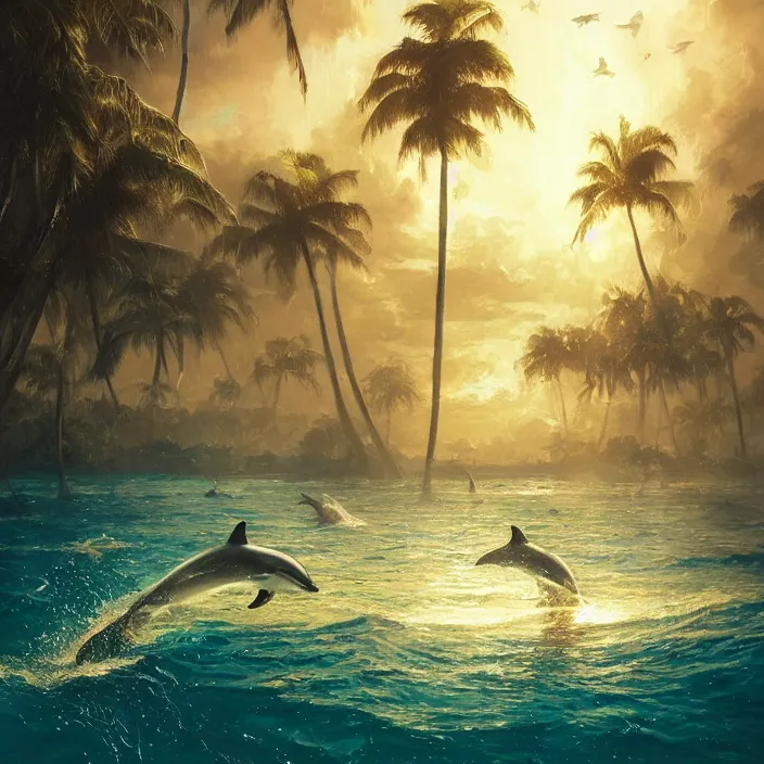 Image similar to dolphins swimming, golden hour, god rays, by greg rutkowski and artgerm and ruan jia and ismail inceoglu and greg olsen, palm trees, cosmos, milky way galaxy, masterpiece, beautiful, intricate, elegant, highly detailed