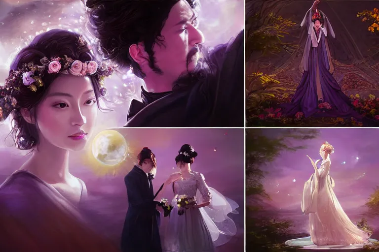 Image similar to a dreamlike cinematic portrait of wedding photograph jpeg close up moment of a divine a japan sun god and moon goddess lovers magician at a wedding banquet. portraiture. digital painting. artstation. concept art. fantasy wedding photo. digital painting, 8 k realistic, hyper detailed, violet evergarden art masterpiece by art by krenz cushart