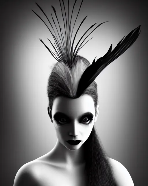 Image similar to surreal mythical dreamy dark artistic black and white fine art 3 / 4 portrait photo of a young delicate mutant female - cyborg - vegetal - orchid - bird with long pale feather hair, rim light, cinematic, studio dramatic light, poetic, octane render, 8 k, photo - realistic