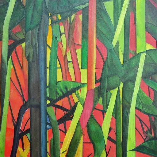 Image similar to 4 th wall jungle painting, oil and acrylic on canvas, high detail