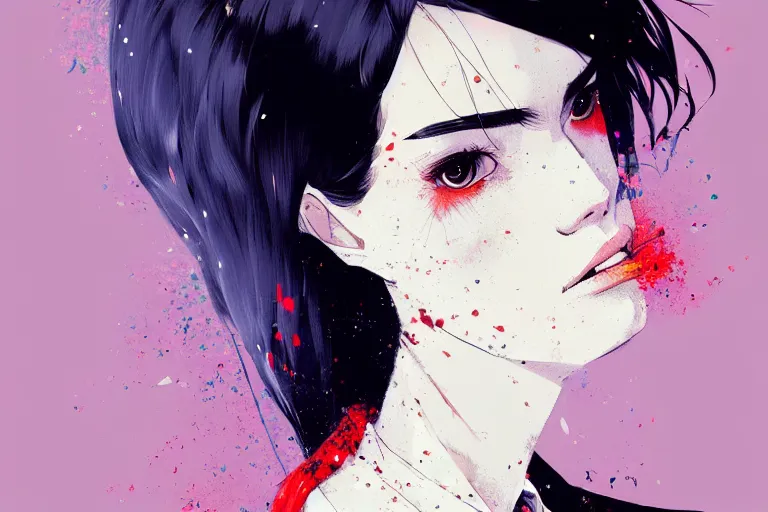 Image similar to a ultradetailed beautiful panting of a stylish woman wearing a shirt with a tie, she has black hair, by conrad roset, greg rutkowski and makoto shinkai, trending on artstation