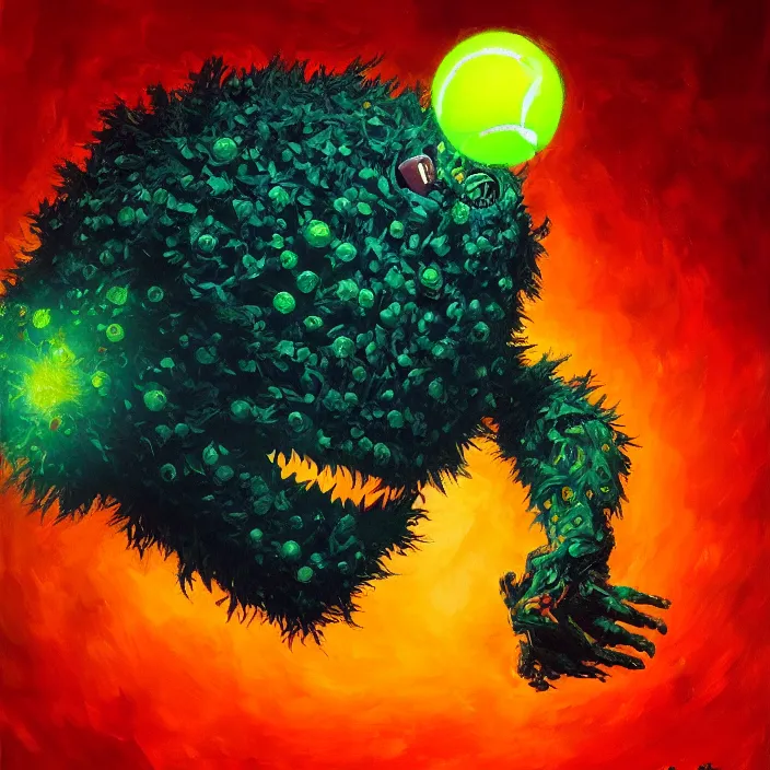 Image similar to cinematic portrait of a tennis ball monster in the abyss of space, oil on canvas, masterpiece, trending on artstation, featured on pixiv, cinematic composition, dramatic pose, beautiful lighting, sharp details, hyper-detailed, HD, HDR, 4K, 8K, art by Basil Gogos