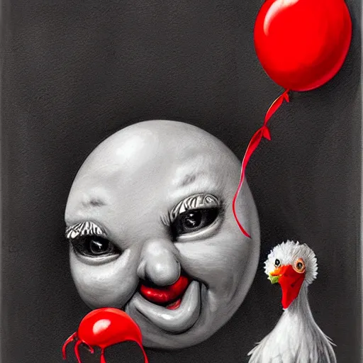 Image similar to surrealism grunge cartoon portrait sketch of a chicken with a wide smile and a red balloon by - michael karcz, loony toons style, horror theme, detailed, elegant, intricate