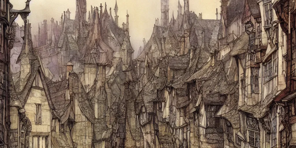 Prompt: a victorian dickensian village, tudor, art nouveau, baroque winding cobbled streets, style of arcane, magic the gathering, misty alleyways, tiled roofs, balconies, medieval tumbledown houses, st cirq lapopie, by ian mccaig, brian froud and mucha and alan lee
