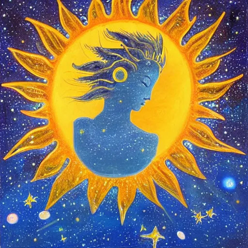 Prompt: painting of goddess of sun and moon drowning in an ocean full of star fragments, cosmic awe