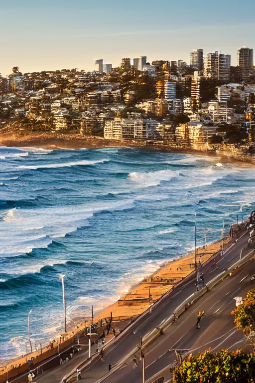 Image similar to View from Bondi Beach balcony, golden hour, depth of field, high resolution, award winning.