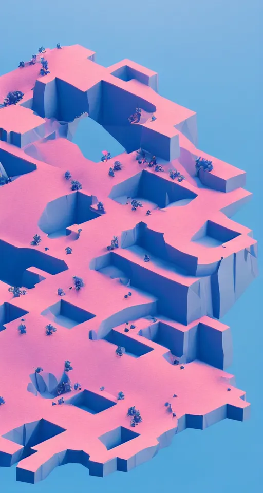 Image similar to matte 3d low poly cherry blossom island, pink waterfalls, isometric perspective on sky background, soft shadows, lat lighting, trending on artstation, 3d render, monument valley, fez video game,