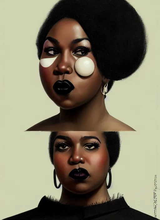 Image similar to portrait of a plump black woman with a crooked nose and a confident expression, 1 9 6 0 s, black clothes, goth, punk, brightly coloured hair, funk, intricate, elegant, highly detailed, digital painting, artstation, concept art, smooth, sharp focus, illustration, art by wlop, mars ravelo and greg rutkowski