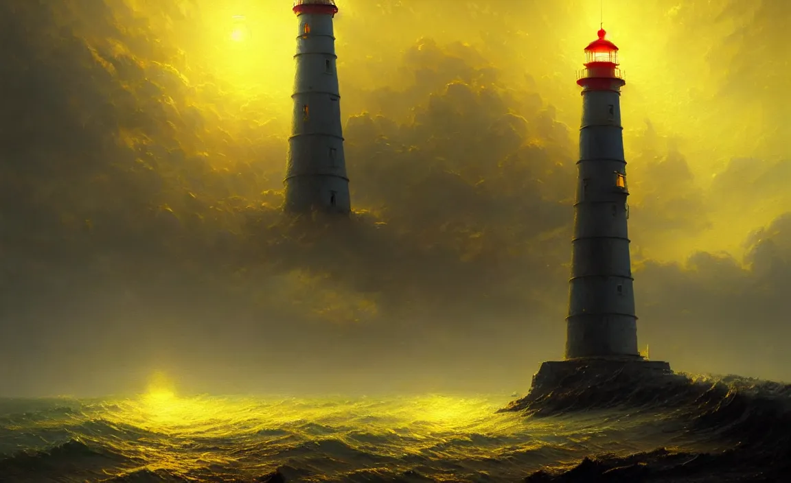 Prompt: a beautiful painting of a singular lighthouse, shining its light across a tumultuous sea of blood by greg rutkowski and thomas kinkade, trending on artstation., yellow color scheme