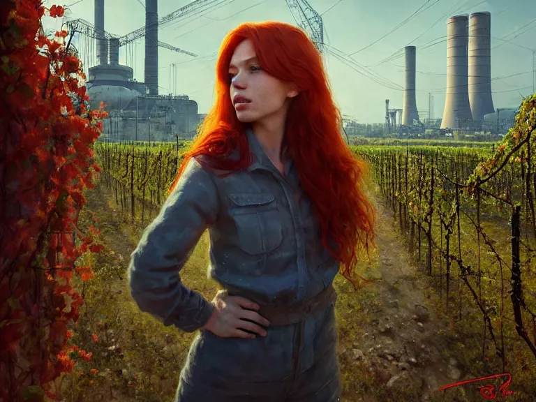 Image similar to red hair girl, chernobyl powerplant!!!, rubble, ruins!!, flowers, vines, hyperrealistic, highly detailed, cinematic, single ray of golden sunlight, beautiful, cgssociety, artstation, 8 k, oil painting by greg rutkowski, by artgerm, by wlop