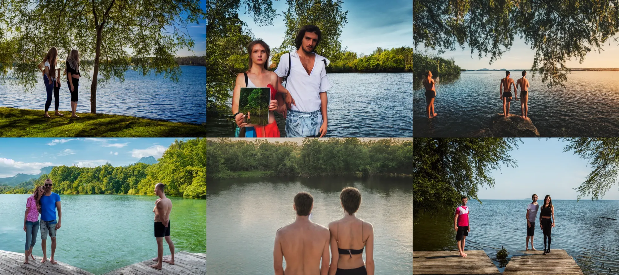 Prompt: a couple of people standing next to a body of water, a stock photo by Mikoláš Aleš, shutterstock contest winner, portraiture, 2016