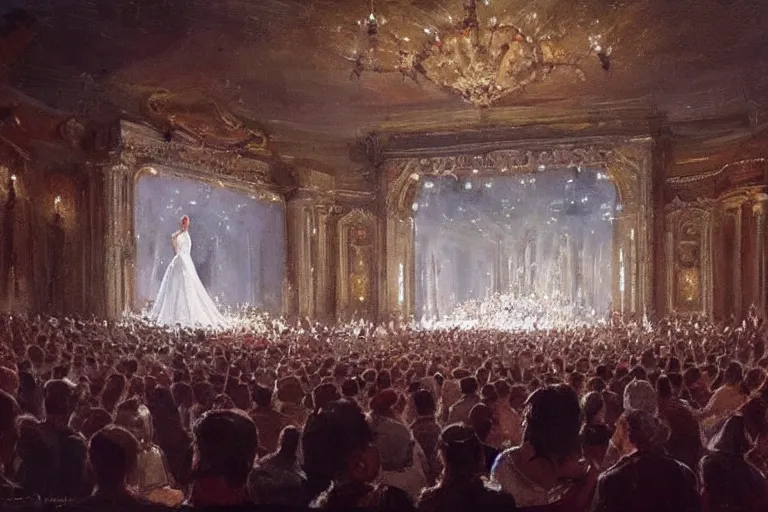 Image similar to Painting by Greg Rutkowski, hundreds of spectators look at an illuminated girl in a white long dress on a theater opera stage with an orchestra, view from the hall