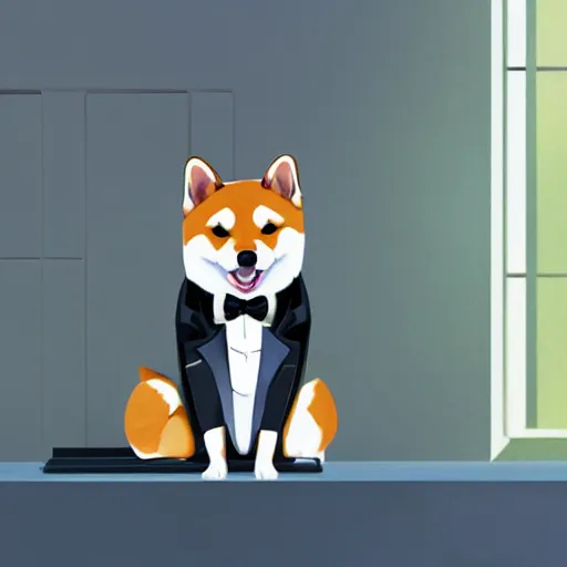 Image similar to shiba inu in a tuxedo playing a grand piano, digital art, 8 k, high detailed