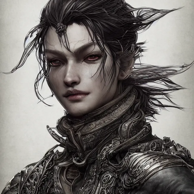 Image similar to the portrait of neutral evil fallen knight vagabond as absurdly beautiful, conniving, elegant, jaded, woman, an ultrafine hyperdetailed illustration by kim jung gi, irakli nadar, intricate linework, bright colors, octopath traveler, final fantasy, unreal engine 5 highly rendered, global illumination, radiant light, detailed and intricate environment