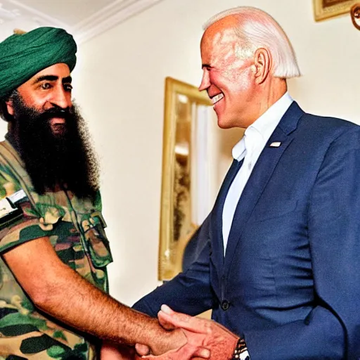 Image similar to ultra realistic candid photograph from osama bin laden with joe biden in bahamas, details intricate