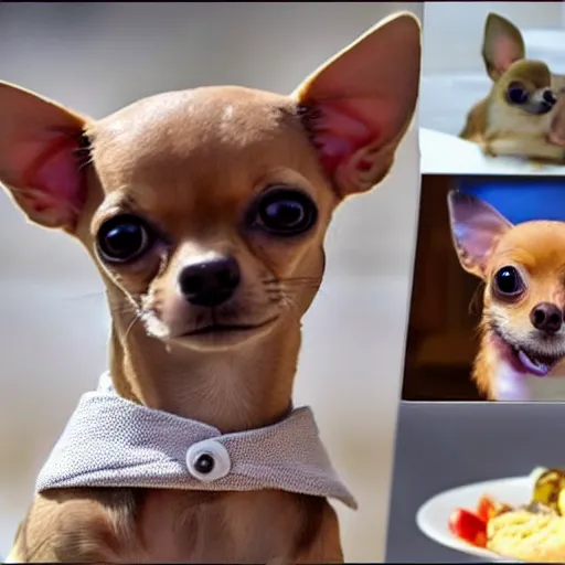 Prompt: one small, light brown chihuahua with a white diamond on her forehead, and a slightly bigger, dark grey chihuahua with a slight underbite and a concerned look on his face fencing over food on a dessert island