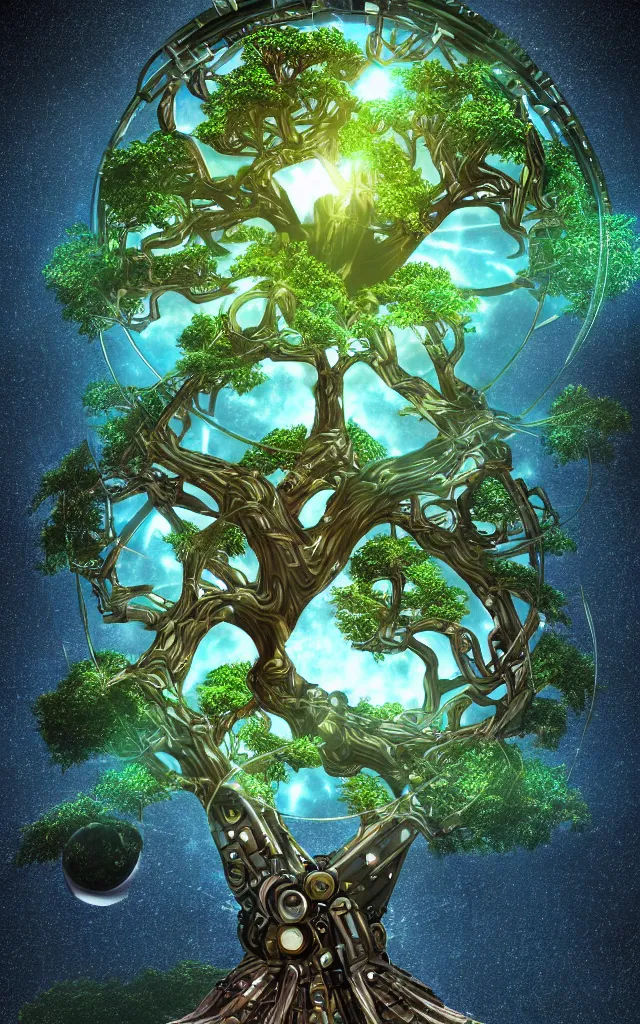 Image similar to futurist cybernetic yggdrasil world tree, future perfect, award winning digital art