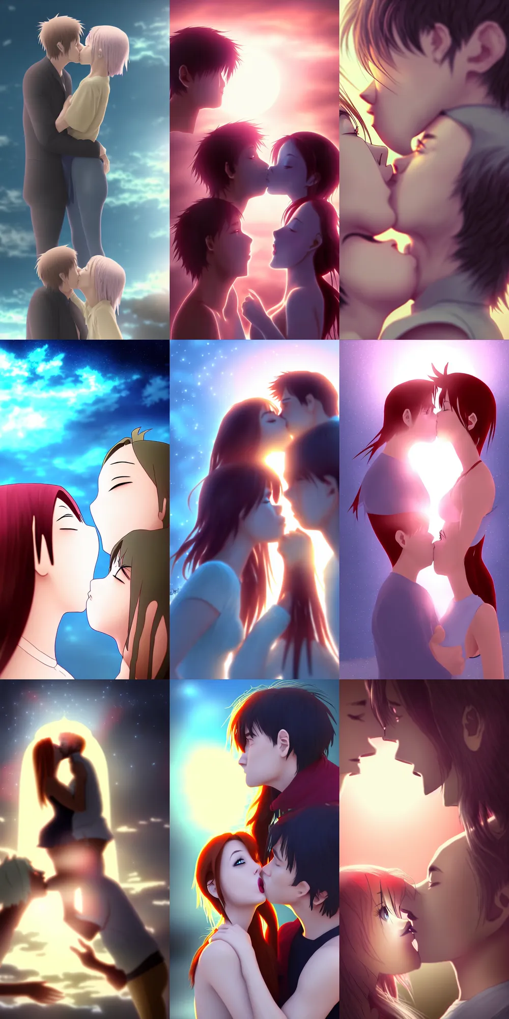 a couple kissing before end of time, anime, toon, soft, Stable Diffusion