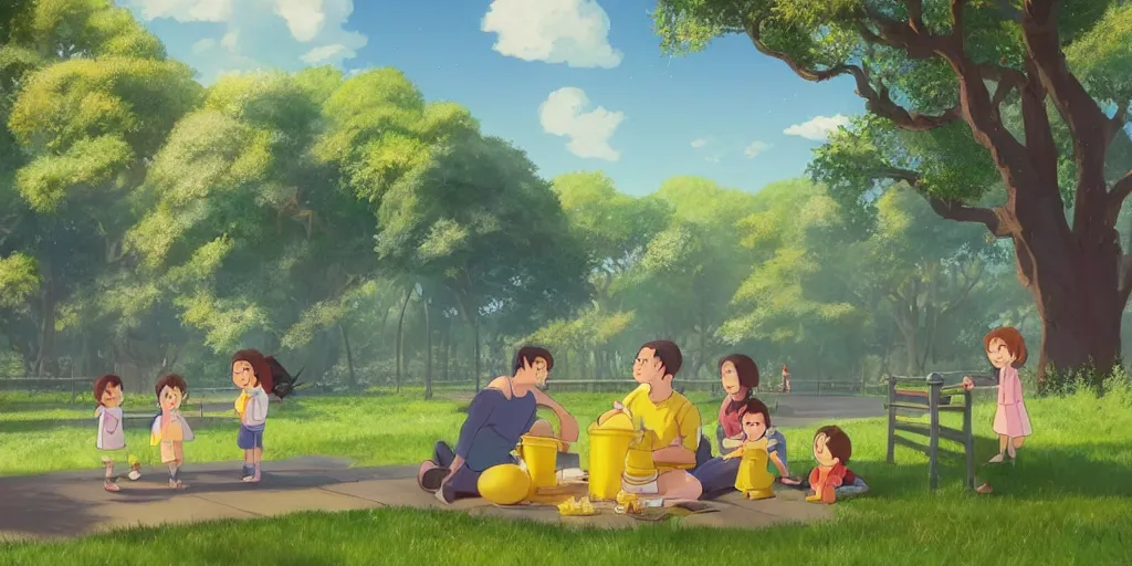 Prompt: wholesome illustration of a family of lemons enjoying a day at the park, Studio Ghibli, Pixar and Disney animation, sharp, Rendered in Unreal Engine 5, art by Greg Rutkowski, Bloom, dramatic lighting, sunny day