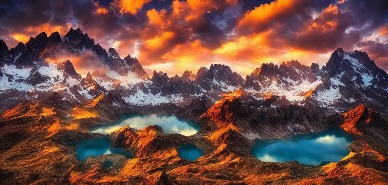 Image similar to amazing landscape photo of mountains with lake in sunset by marc adamus, beautiful dramatic lighting