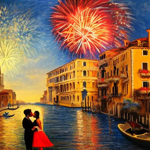 Image similar to an oil painting of couple kissing, in a background fireworks in venice