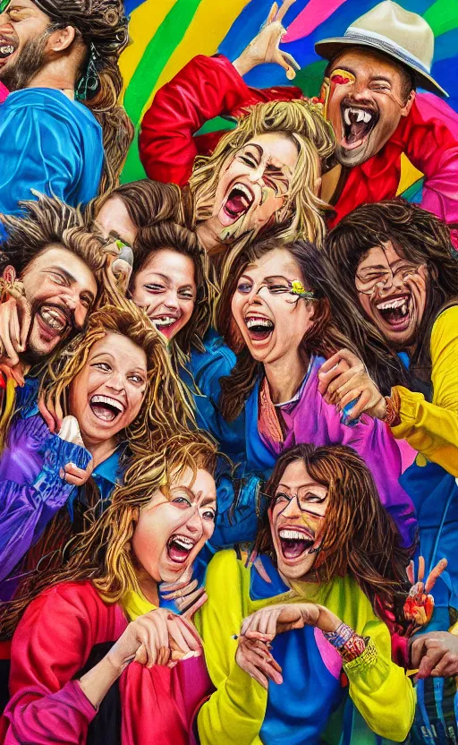 Prompt: incredible beautiful detailed intricate photorealistic painting of a group of friends laughing together. the colors are very vibrant and the people in the photo look very happy. award winning. vibrant colors, funny, personal, positive, visually pleasing, engaging. high resolution. high quality. photorealistic. hq hd. 8 k. trending on artstation. group of friends laughing. award winning