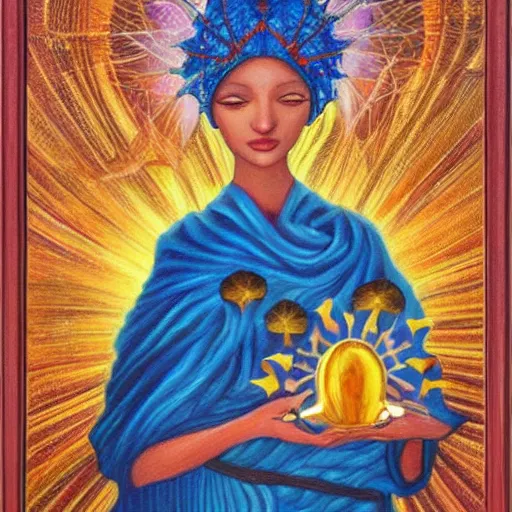Image similar to a painting of a woman holding a glowing golden heart in the water, an acrylic on canvas painting by amanda sage and magali villenueve, louvre contest winner, gold foil, metaphysical painting, wiccan, mystical, tarot card art