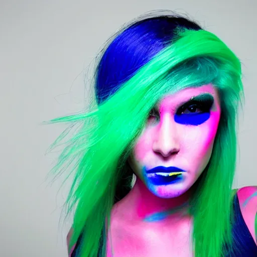 Image similar to Portrait of a beautiful cyberpunk android, blue lipstick, fluorescent pink face paint, bright green hair, metallic cyan bodysuit