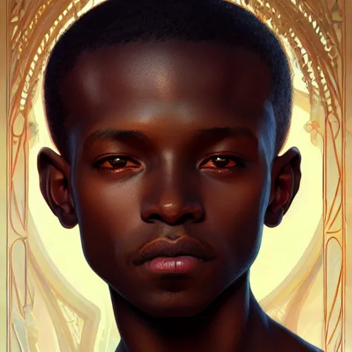 Prompt: illustration of a senegalese boy, d & d, fantasy, intricate, elegant, highly detailed, digital painting, artstation, concept art, smooth, sharp focus, illustration, art by artgerm and greg rutkowski and alphonse mucha