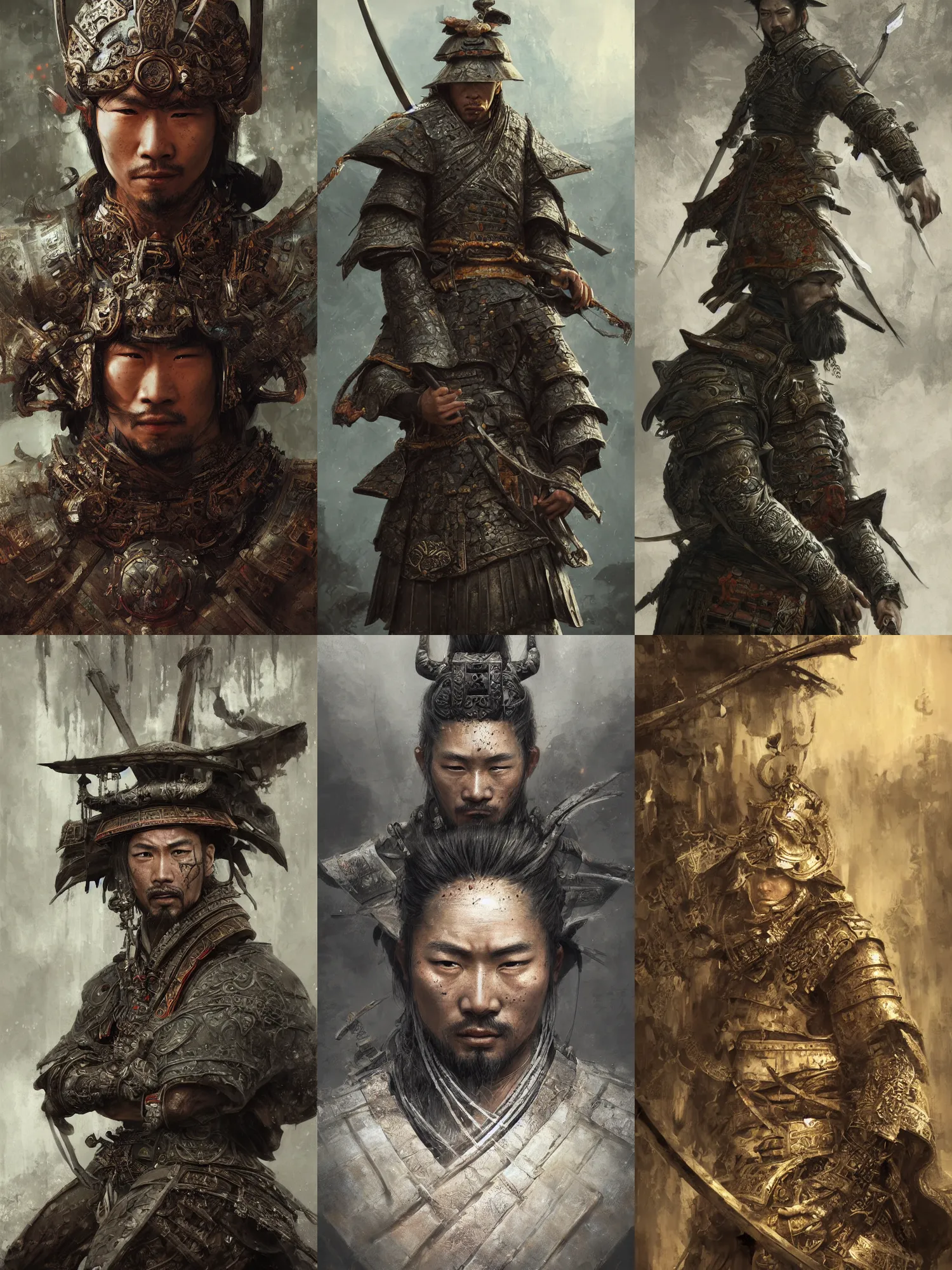 Prompt: HDR, realistic, high depth of field portrait of a samurai, highly detailed, intricate image by Andrei Riabovitchev, Shaun Tan and Peter Mohrbacher, matte painting