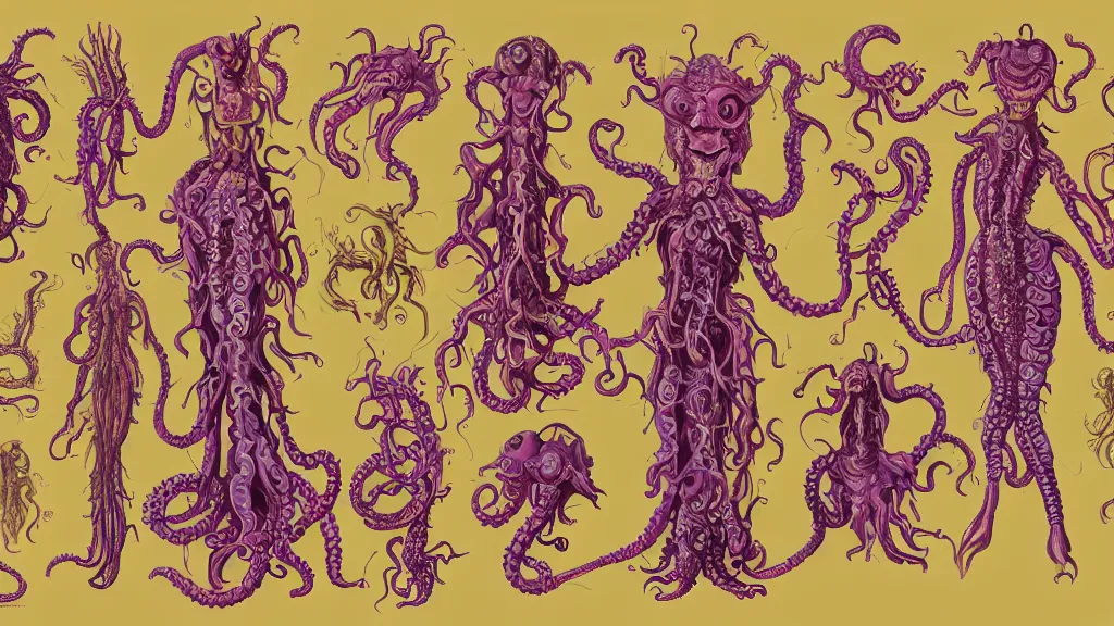 Prompt: vector, highly detailed colorful character sheet for a stocky alien extraterrestrial victorian female servant maid with thick snake - like tentacles instead of hair, long dress with apron, ernst haeckel, jim henson creature shop, coherent, illustration, digital art, trending on artstation, hd, 8 k, good lighting, beautiful, rough paper, masterpiece